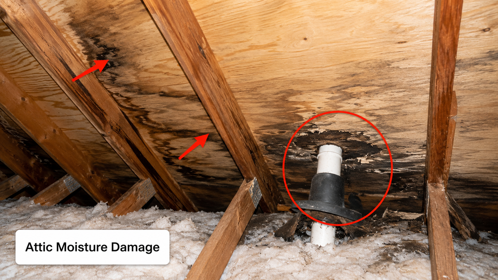 Moisture staining in an attic