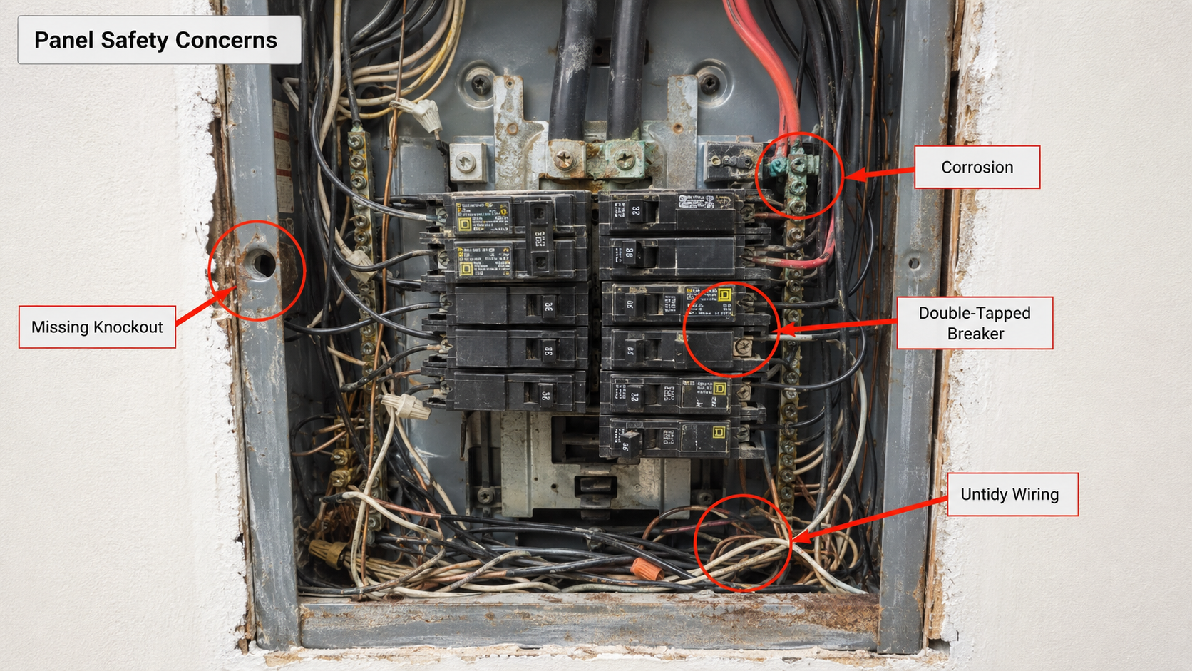 Open electrical service panel used for training