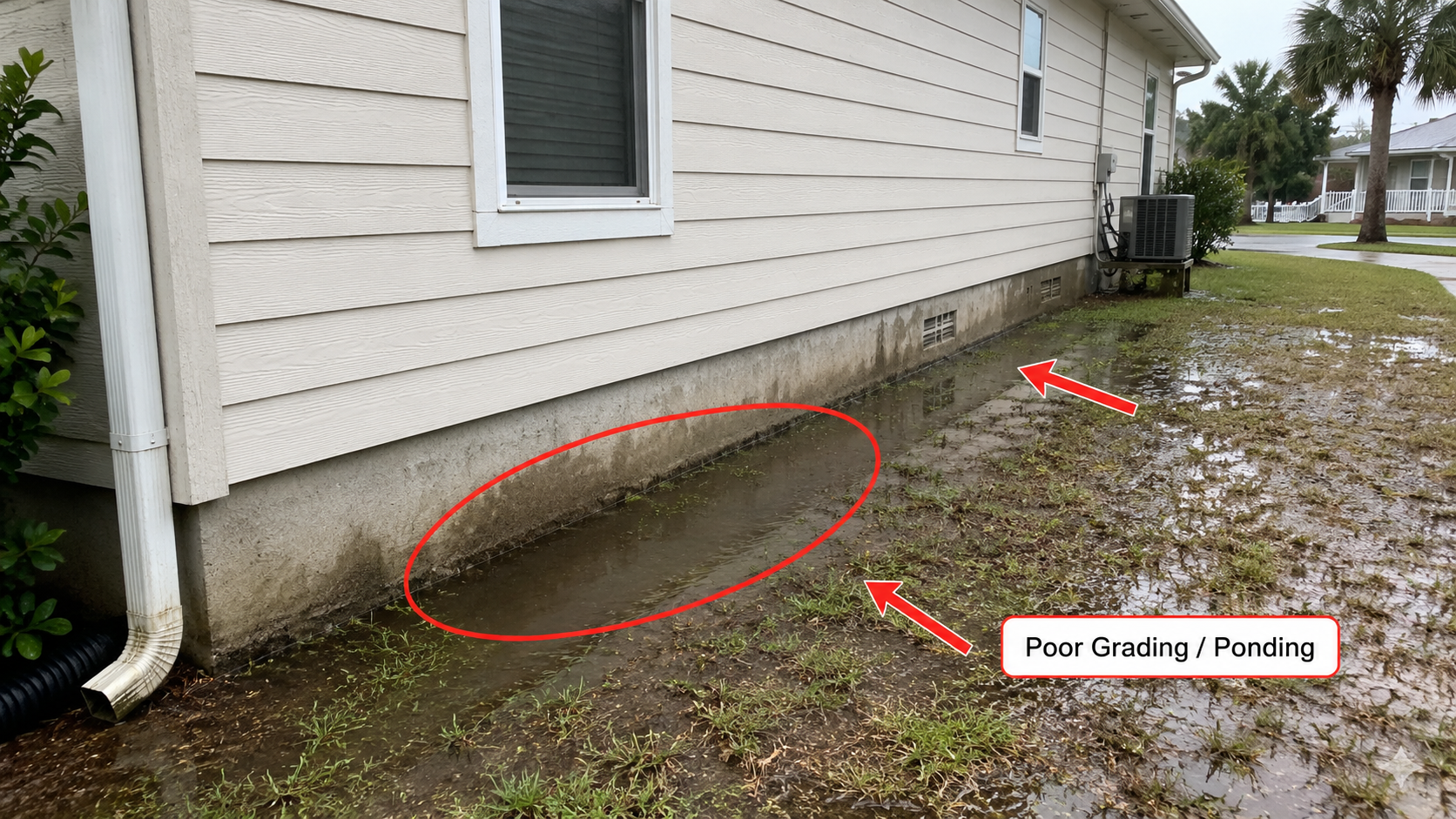 Ponded water beside a residential foundation